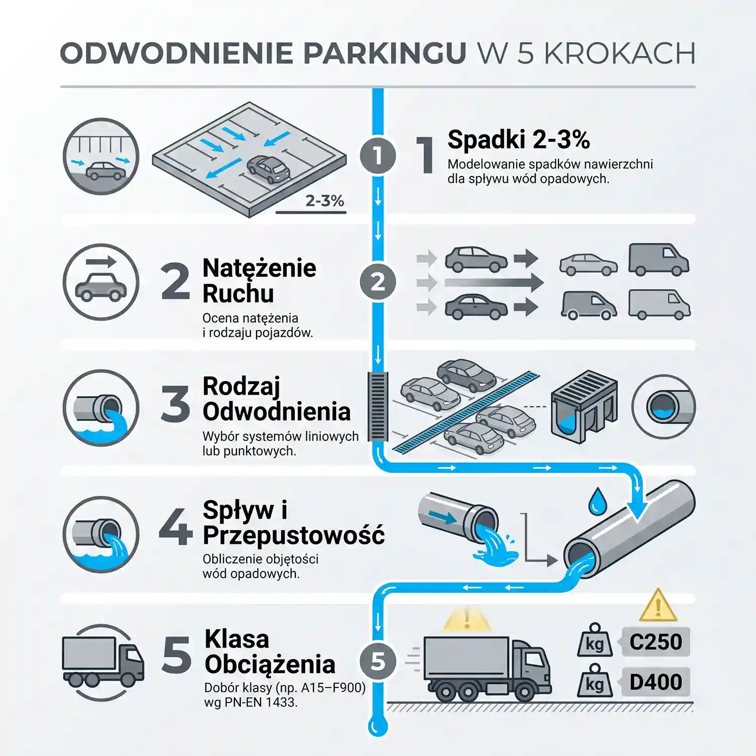 Odwodnienie parkingu w 5 krokach – spadki i klasa obciążenia